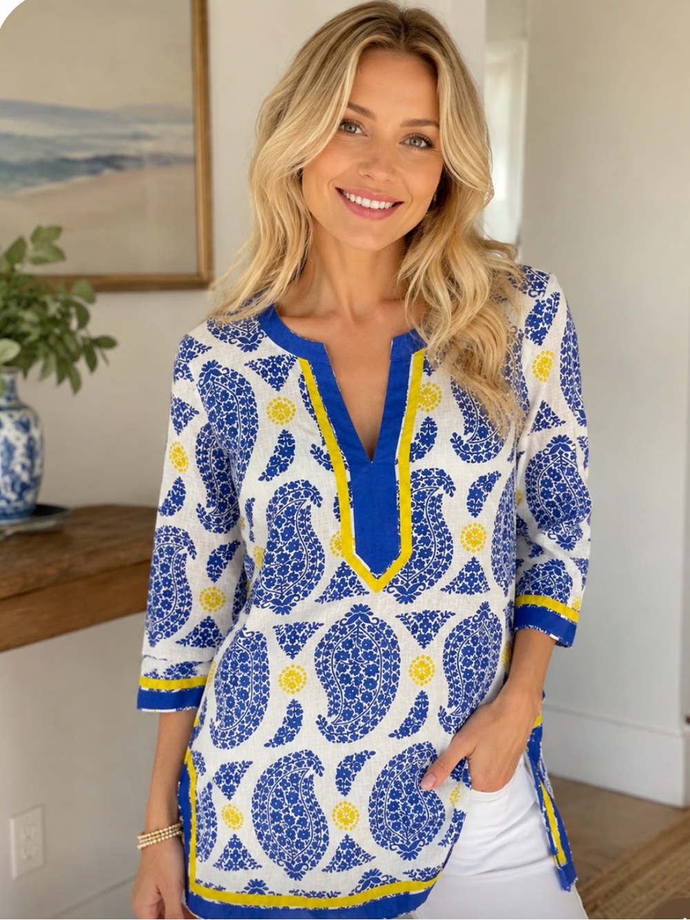 Biden 8P Cleo 💯 Linen Paisley Split-Neck Women's Tunic Top